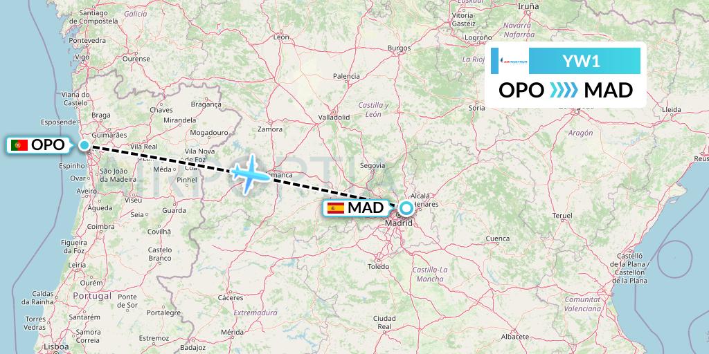 YW1 Air Nostrum Flight Map: Porto to Madrid