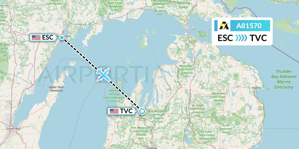 A81570 Aerolink Uganda Flight Map: Escanaba to Traverse City