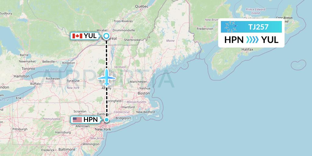 TJ257 Tradewind Aviation Flight Map: White Plains to Montreal
