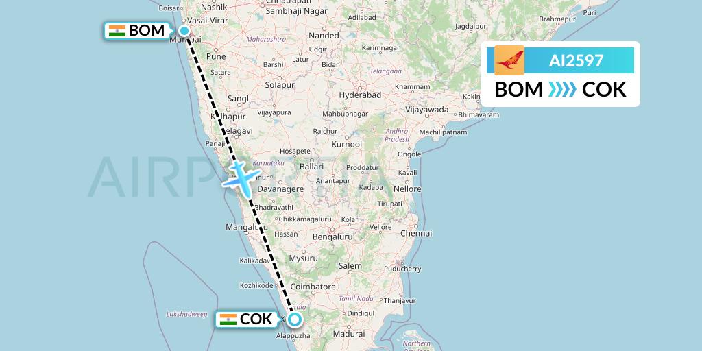 AI2597 Air India Flight Map: Mumbai to Cochin