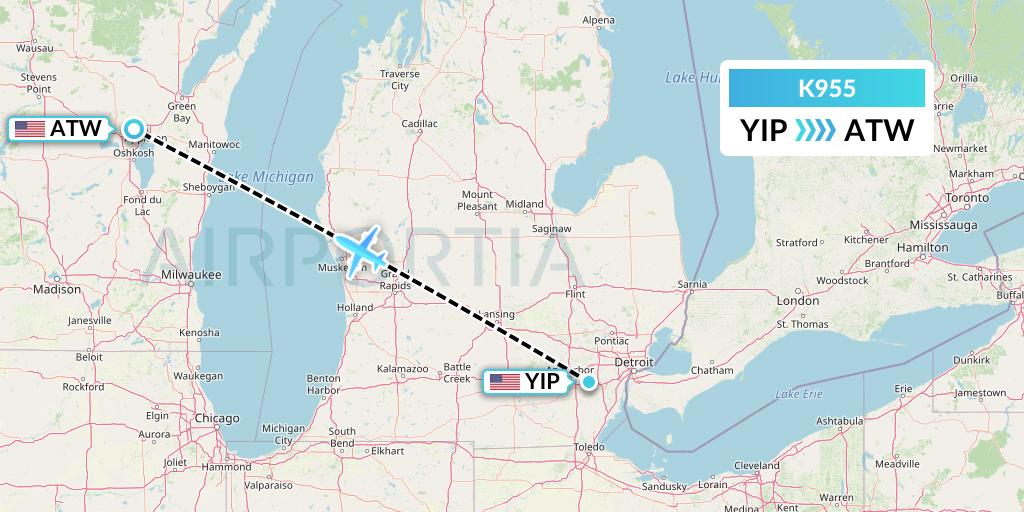 K955 Kalitta Charters Flight Map: Detroit to Appleton