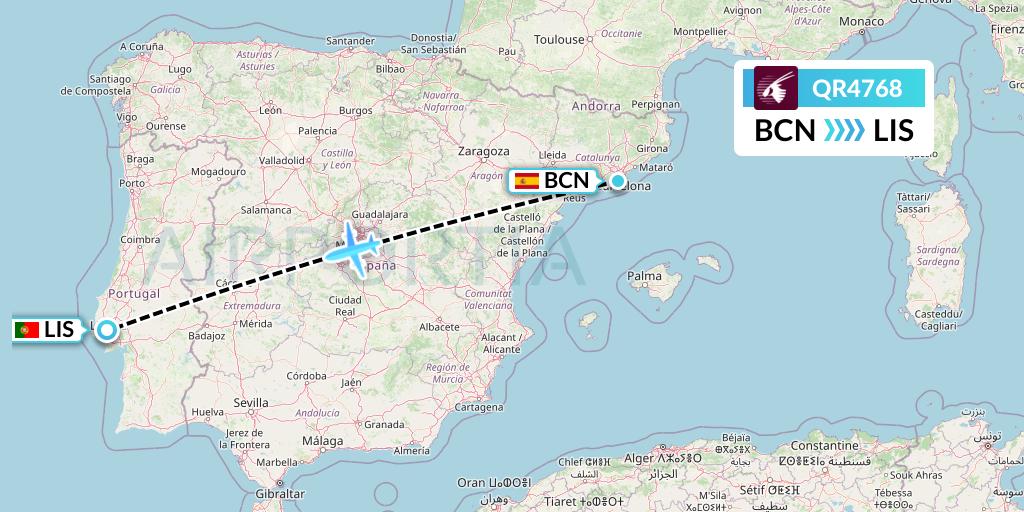 QR4768 Qatar Airways Flight Map: Barcelona to Lisbon