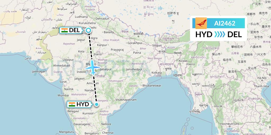 AI2462 Air India Flight Map: Hyderabad to Delhi