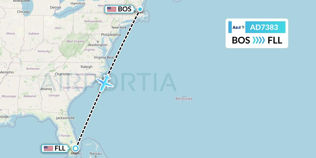 AD7383 Azul Brazilian Airlines Flight Map: Boston to Fort Lauderdale