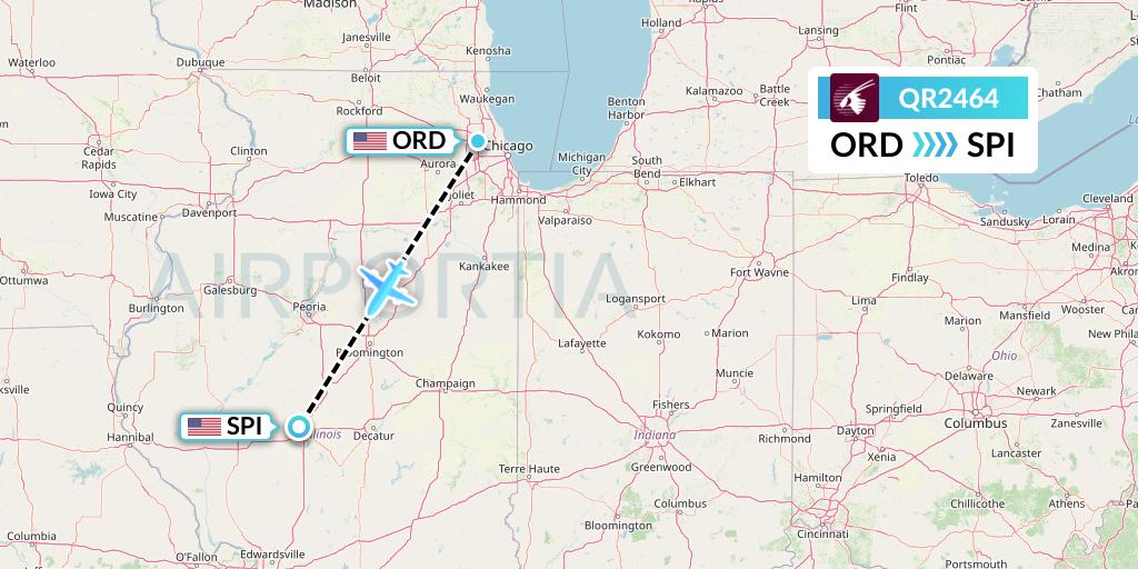 QR2464 Qatar Airways Flight Map: Chicago to Springfield