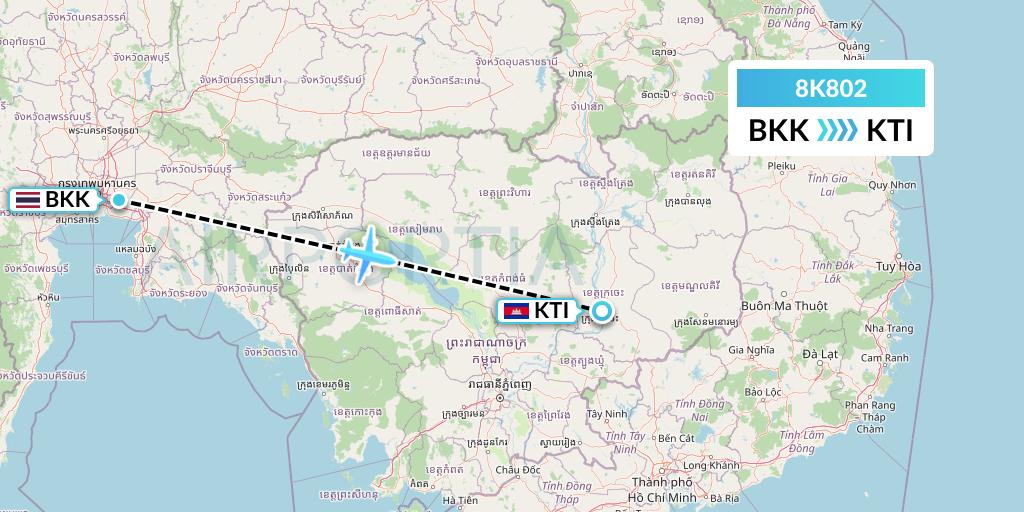 8K802 K-Mile Air Flight Map: Bangkok to Kratie