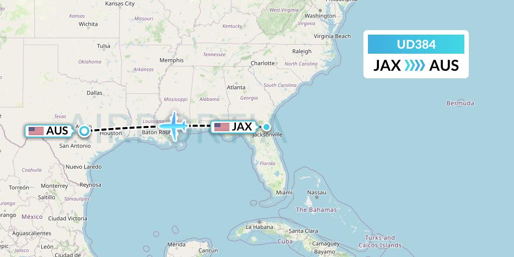 UD384 UR Airlines Flight Map: Jacksonville to Austin