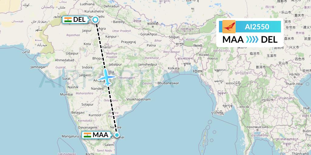 AI2550 Air India Flight Map: Chennai to Delhi
