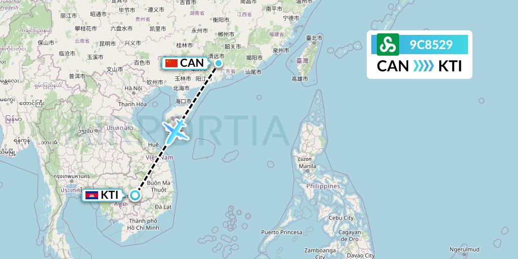 9C8529 Spring Airlines Flight Map: Guangzhou to Kratie