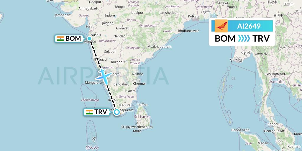 AI2649 Air India Flight Map: Mumbai to Thiruvananthapuram