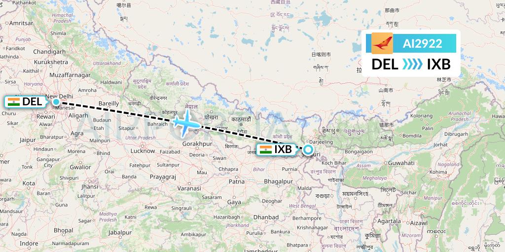 AI2922 Air India Flight Map: Delhi to Siliguri