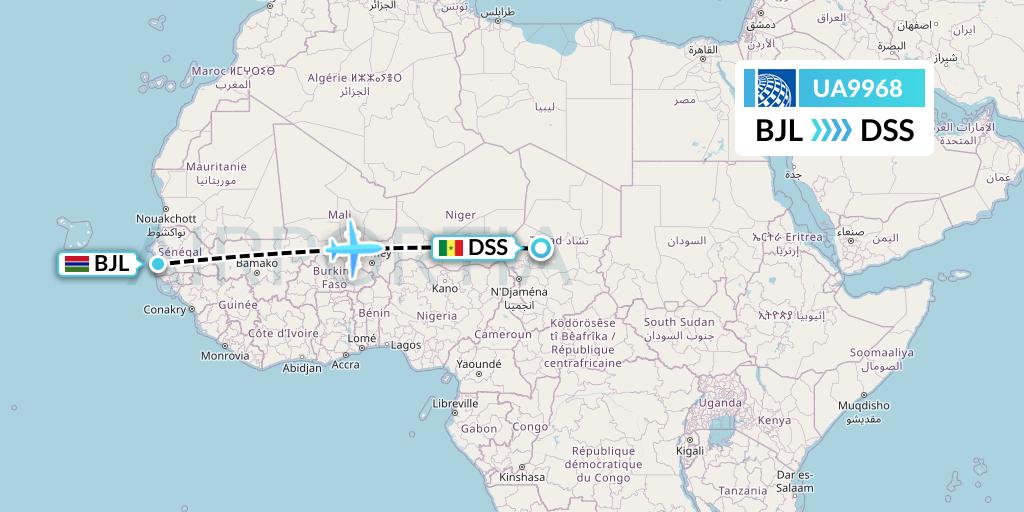 UA9968 United Airlines Flight Map: Banjul to Dakar