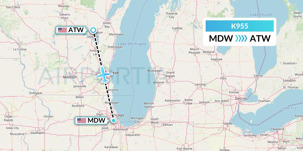 K955 Kalitta Charters Flight Map: Chicago to Appleton