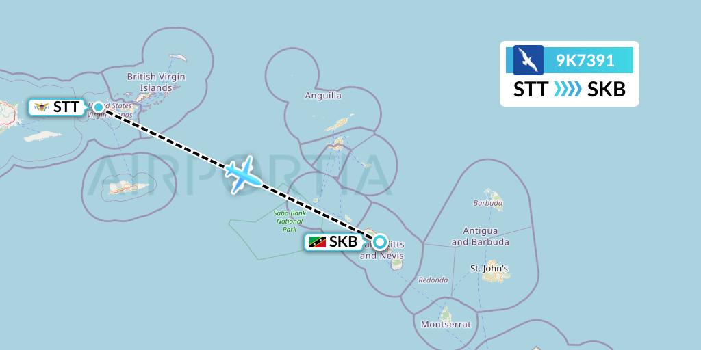 9K7391 Cape Air Flight Map: St. Thomas to Basseterre