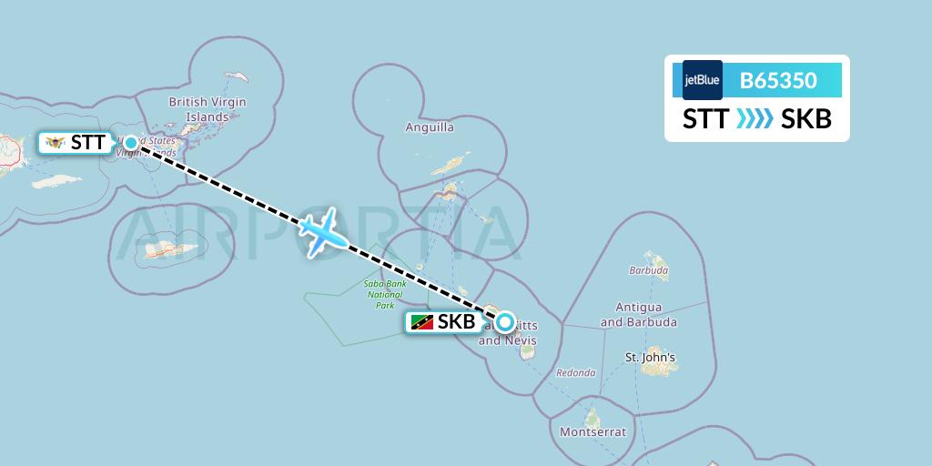 B65350 JetBlue Airways Flight Map: St. Thomas to Basseterre