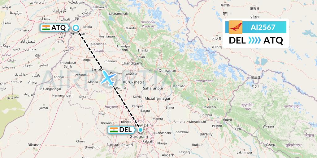 AI2567 Air India Flight Map: Delhi to Amritsar