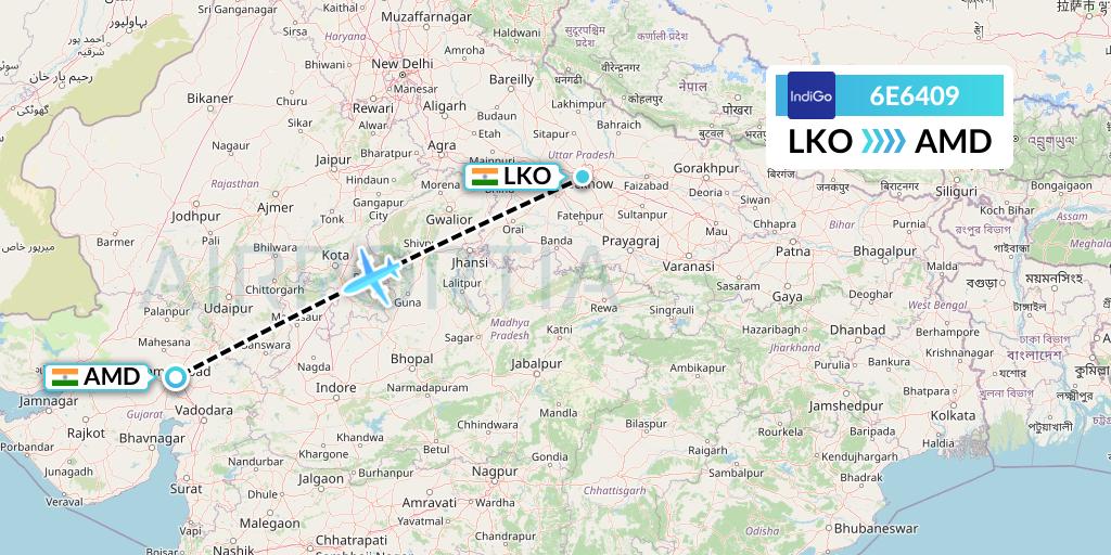 6E6409 IndiGo Airlines Flight Map: Lucknow to Ahmedabad