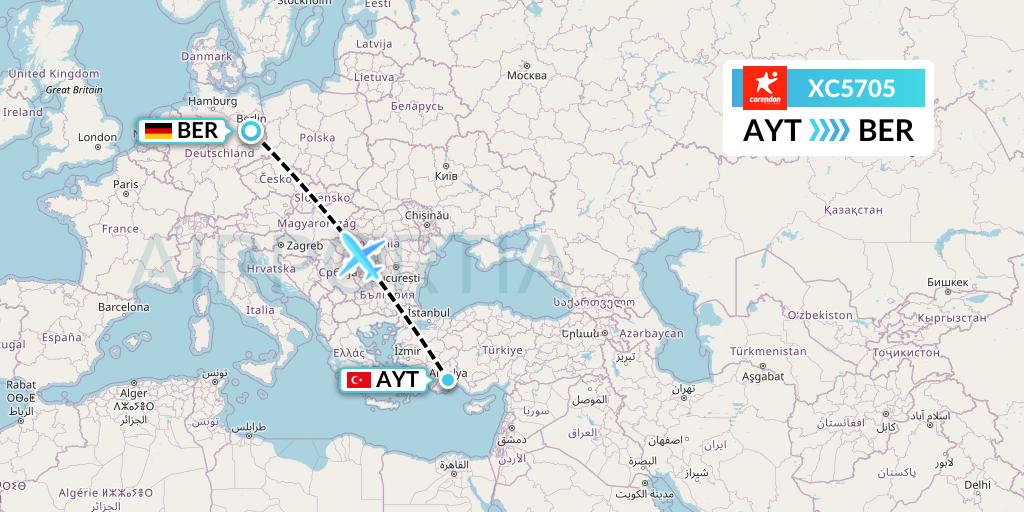 XC5705 Corendon Airlines Flight Map: Antalya to Berlin