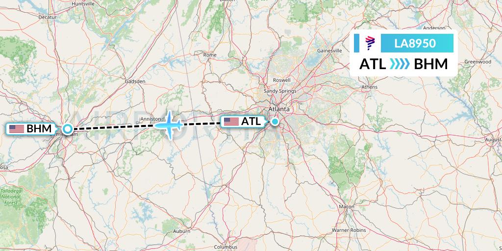 LA8950 LAN Airlines Flight Map: Atlanta to Birmingham