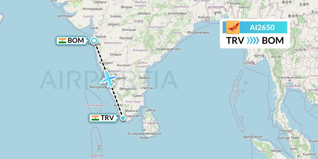 AI2650 Air India Flight Map: Thiruvananthapuram to Mumbai