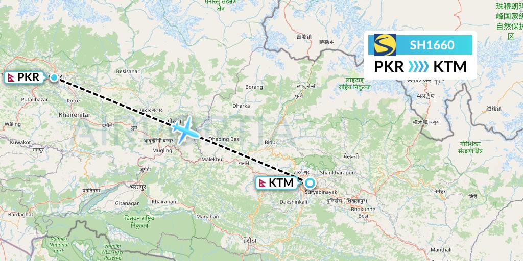 SH1660 Sharp Airlines Flight Map: Pokhara to Kathmandu