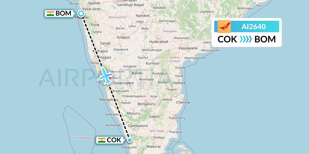 AI2640 Air India Flight Map: Cochin to Mumbai