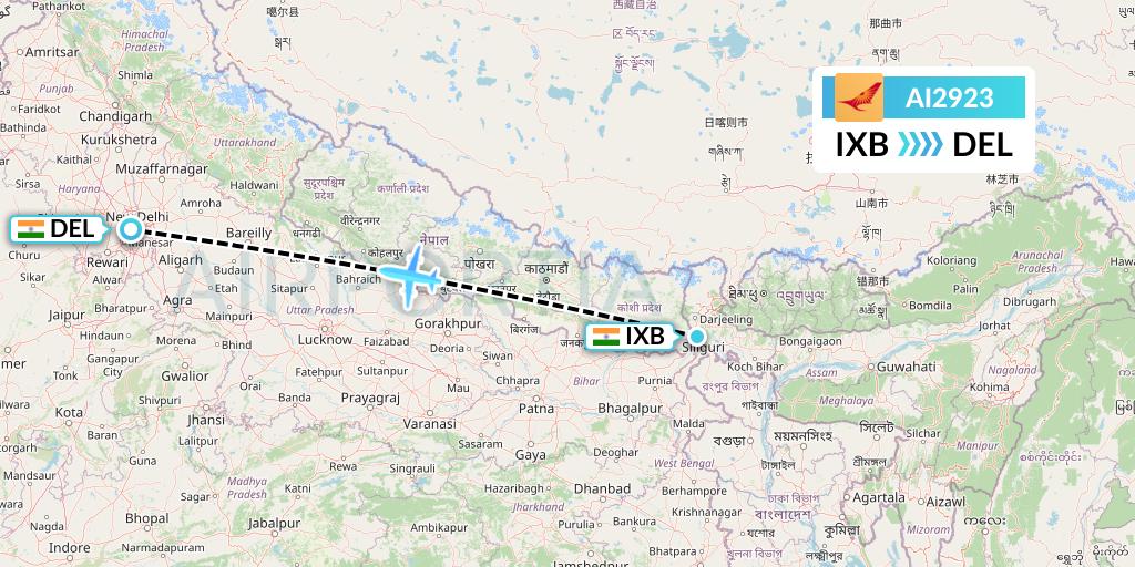 AI2923 Air India Flight Map: Siliguri to Delhi