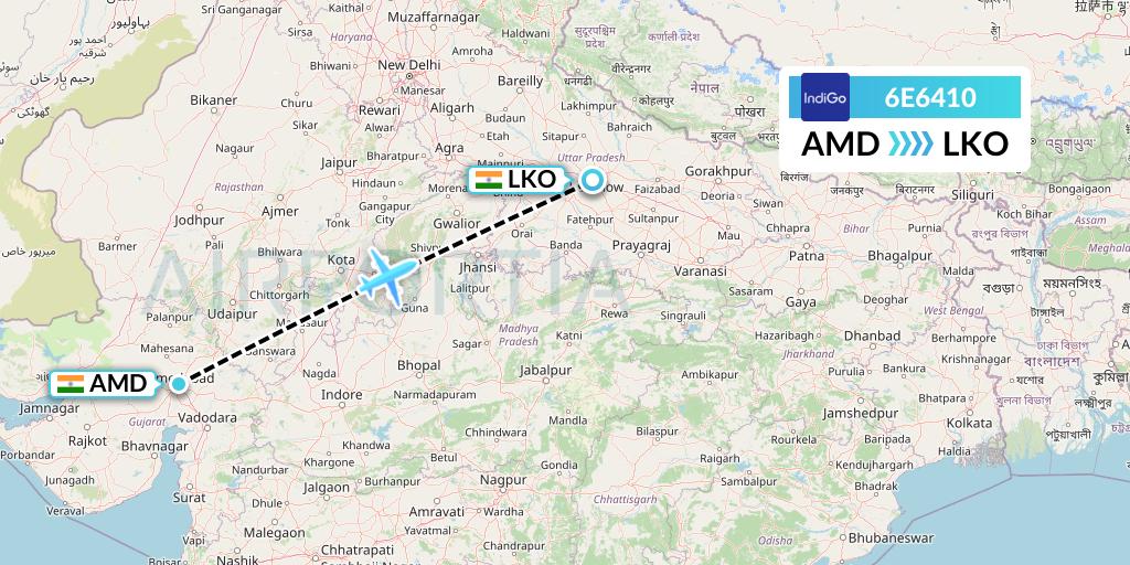 6E6410 IndiGo Airlines Flight Map: Ahmedabad to Lucknow