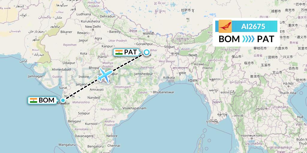 AI2675 Air India Flight Map: Mumbai to Patna