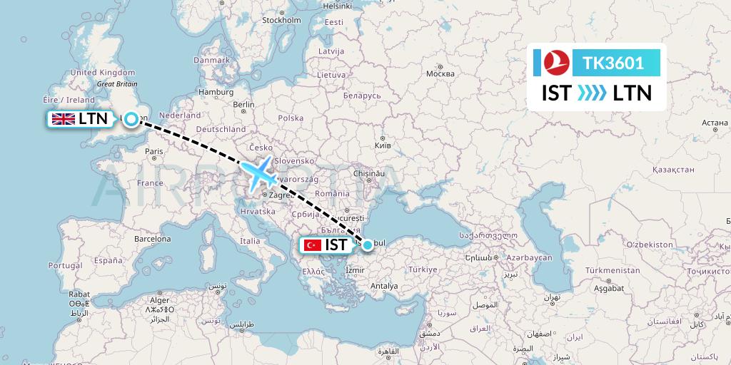 TK3601 Turkish Airlines Flight Map: Istanbul to London