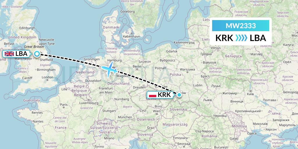 MW2333 Mokulele Flight Service Flight Map: Krakow to Leeds