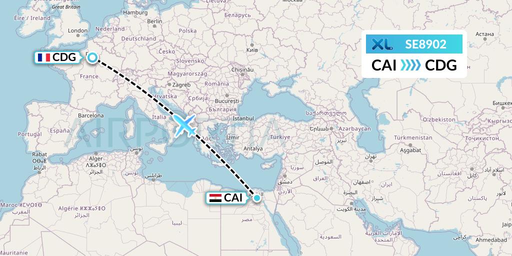 SE8902 XL Airways France Flight Map: Cairo to Paris