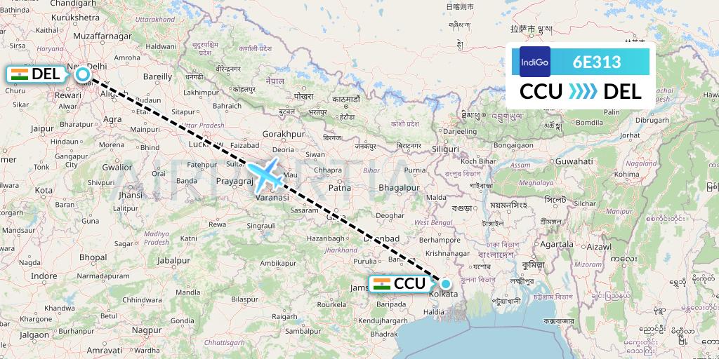 6E313 IndiGo Airlines Flight Map: Kolkata to Delhi