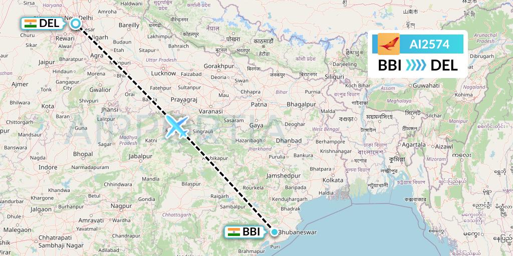AI2574 Air India Flight Map: Bhubaneswar to Delhi