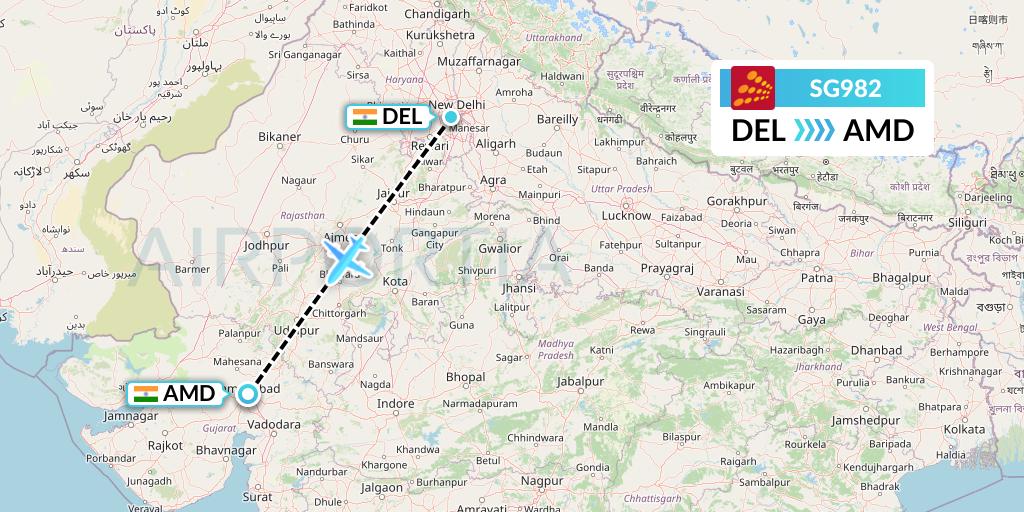 SG982 SpiceJet Flight Map: Delhi to Ahmedabad