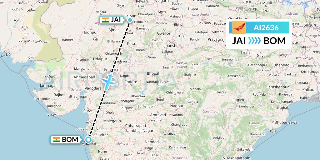 AI2636 Air India Flight Map: Jaipur to Mumbai