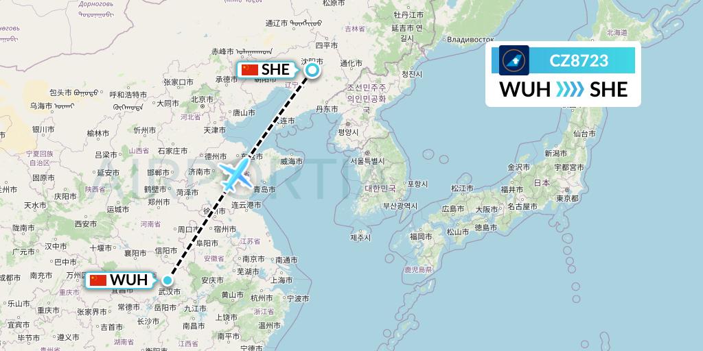 CZ8723 China Southern Airlines Flight Map: Wuhan to Shenyang