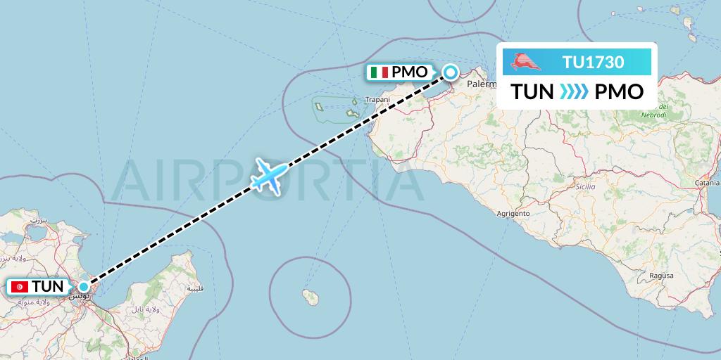 TU1730 Tunisair Flight Map: Tunis to Palermo