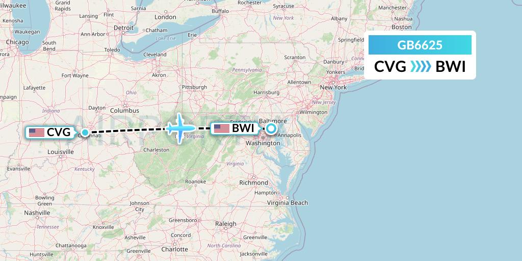 GB6625 ABX Air Flight Map: Cincinnati to Baltimore