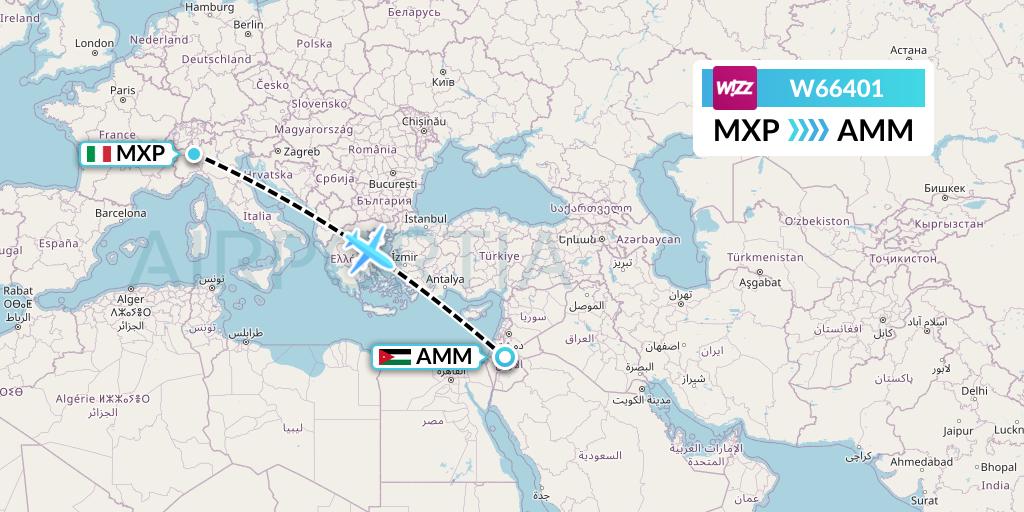 W66401 Wizz Air Flight Map: Milan to Amman