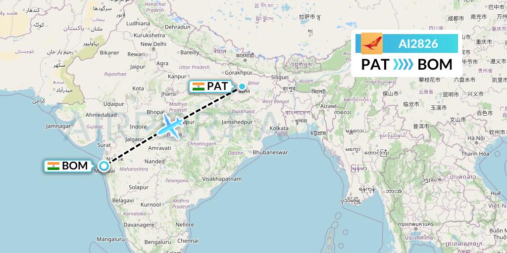 AI2826 Air India Flight Map: Patna to Mumbai