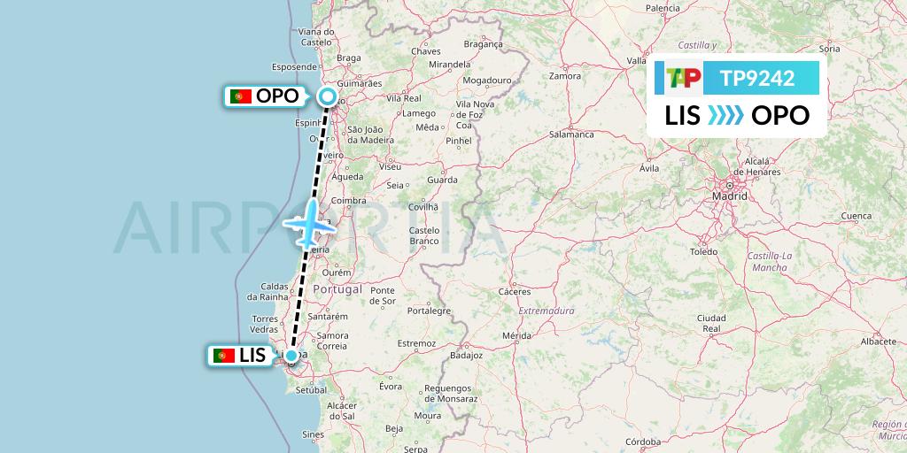 TP9242 TAP Portugal Flight Map: Lisbon to Porto