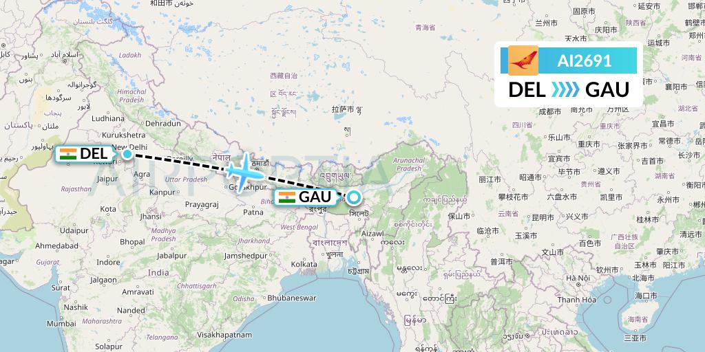 AI2691 Air India Flight Map: Delhi to Guwahati