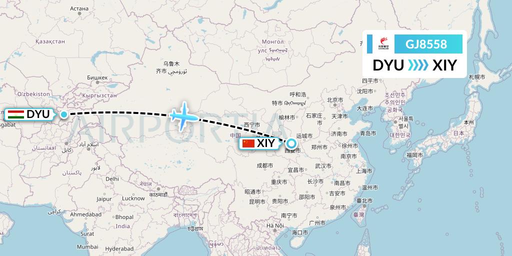 GJ8558 Loong Airlines Flight Map: Dushanbe to Xi'an