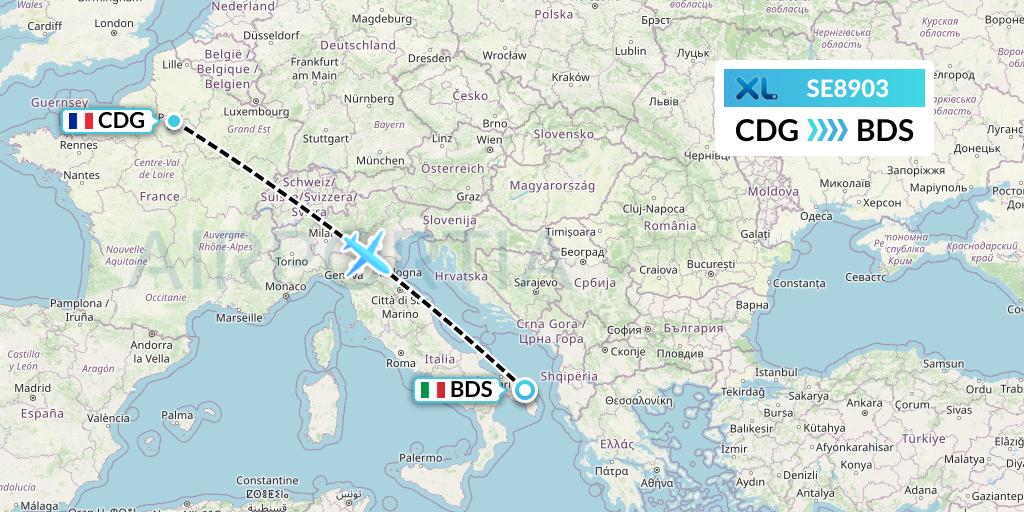 SE8903 XL Airways France Flight Map: Paris to Brindisi
