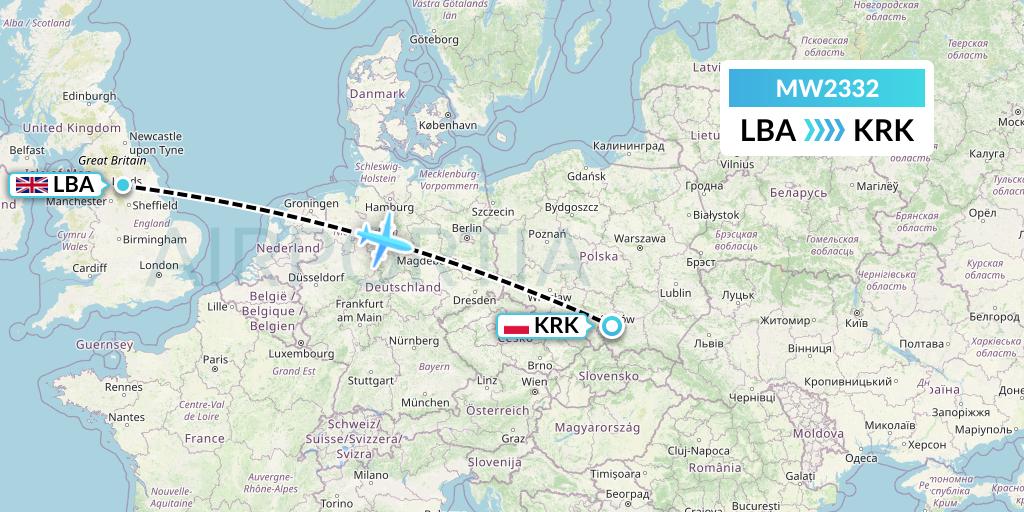 MW2332 Mokulele Flight Service Flight Map: Leeds to Krakow