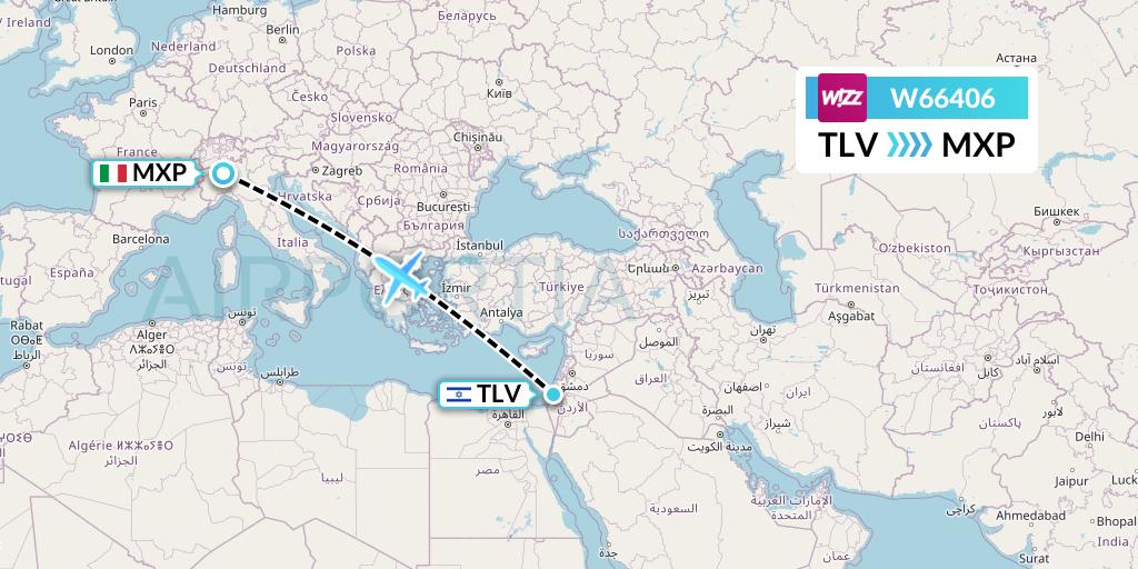 W66406 Wizz Air Flight Map: Tel Aviv to Milan