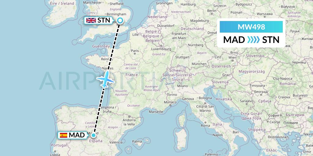 MW498 Mokulele Flight Service Flight Map: Madrid to London