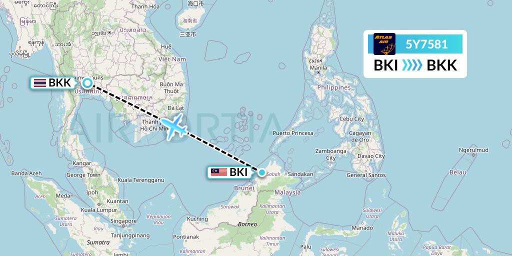 5Y7581 Atlas Air Flight Map: Kota Kinabalu to Bangkok