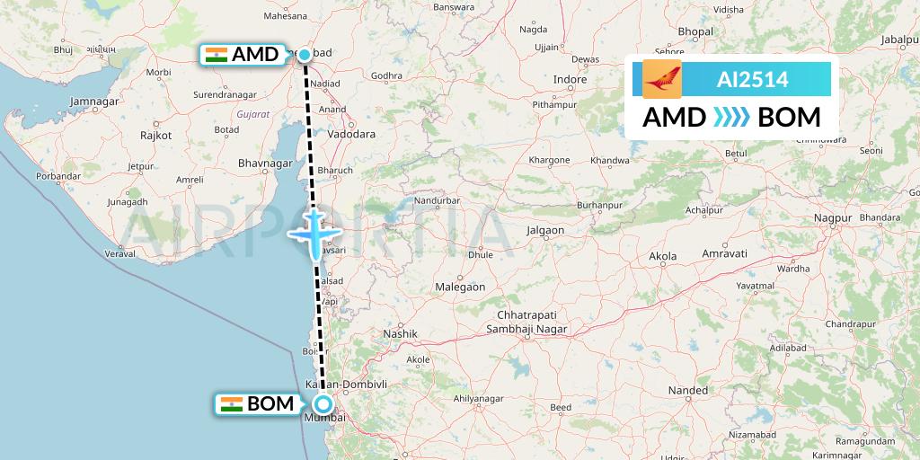 AI2514 Air India Flight Map: Ahmedabad to Mumbai